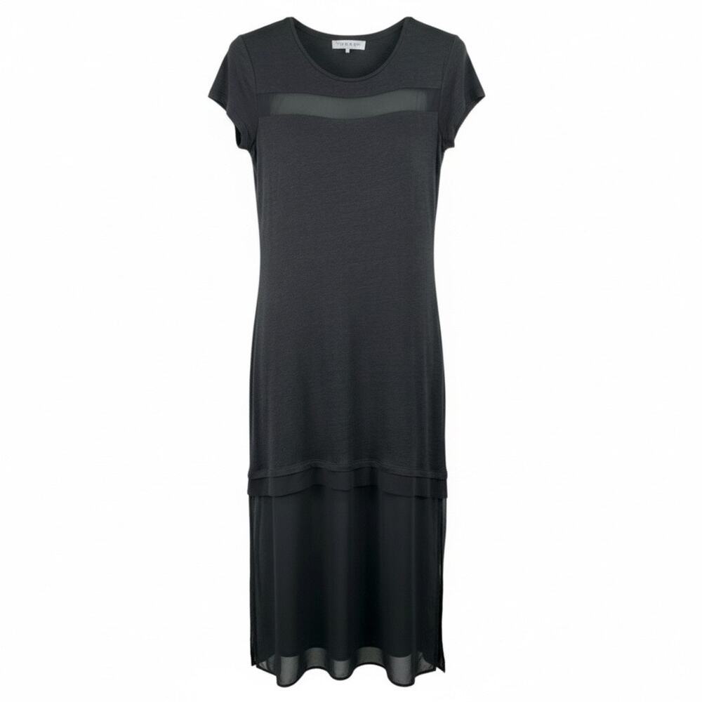 Sandro Black 100% Linen Mesh Inset Midi Dress Size XS/Small
